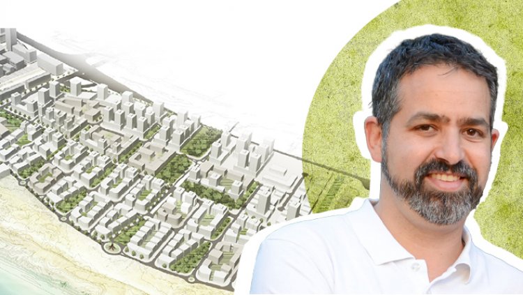 אדר' ארז בן אליעזר מתכנן מחוז תל אביב (יח"צ) על רקע הדמיות התוכנית (קייזר אדריכלים ומתכנני ערים)