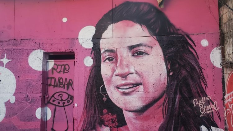 דיוקנה של ענבר היימן ז"ל (Pink) שנחטפה ונרצחה בשבי חמאס, ברחוב בית עובד בתל אביב