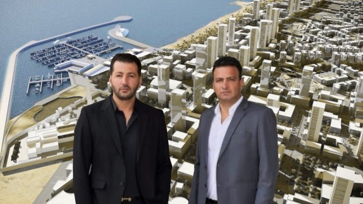 מימין: צחי ועידו חג'ג' על רקע הדמיית תוכנית שדה דב (קבוצת חג'ג', רשות מקרקעי ישראל)