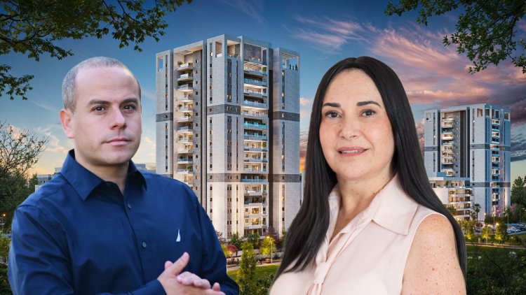 מיכל גור, מנכ"לית אלמוגים ובן מיוסט, מנכ״ל מגידו, על רקע הדמיה של הפרויקט בחיפה (מגידו, אוהד דיין, Zeituni- 3D Architectural Visualisation)
