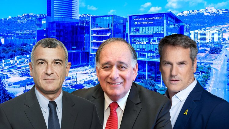 מימין: רני בנדר, יונה יהב, עוזי לוי, על רקע פארק המדע וההייטק בחיפה (מיכה בריקמן, דוברות עיריית חיפה, עופר חן, איל תגר)