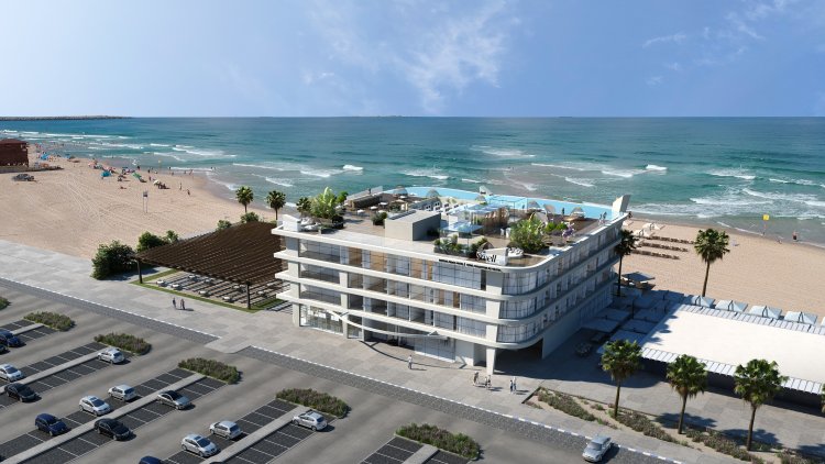 הדמיה של אחד המלונות המתוכננים בחוף לידו (באדיבות קבוצת אופק, אדריכל: מוטי מומא) 