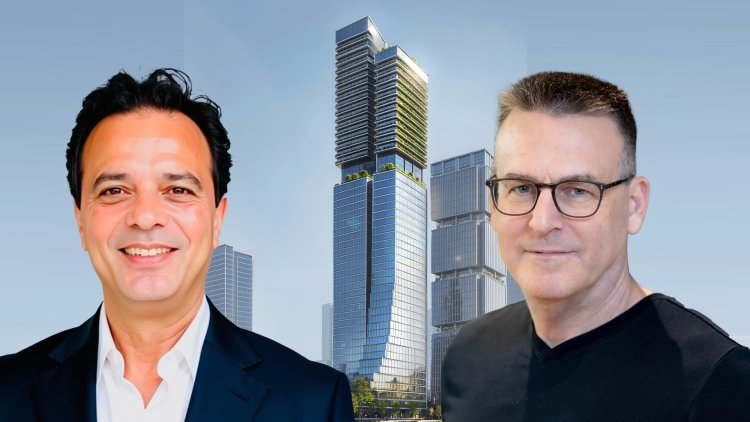 שמוליק רופא ועופר ארביב על רקע הדמיית הפרויקט (באדיבות המצולם, נטי לוי, אדריכל יגאל לוי)