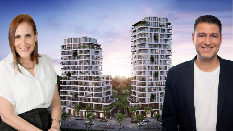  מנהל חטיבת מגורי בוטיק, חמי שאול, וחגית וולף, מנכ״לית קן התור התחדשות עירונית, על רקע הדמיה של הפרויקט בגבעתיים (לני בן בשט, סטודיו שרית מור, קסם הדמיות) 