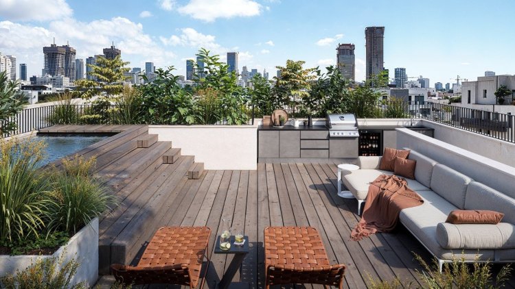 הדמיה של מרפסת הגג בפנטהאוז בתל אביב, כולל בריכה (סטודיו מעיין גולן)