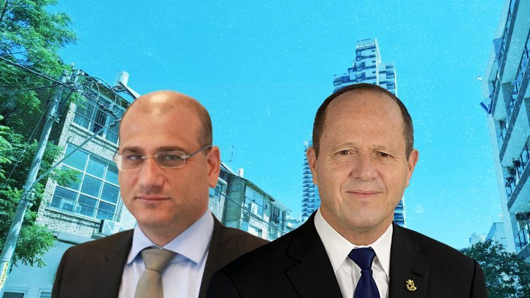 שר הכלכלה ניר ברקת וארז רוזנבוך, יו"ר מגוריט, על רקע מגדל "גפן טאוור" בשכונת הגפן ברמת גן (עמית חכמוב, מרכז הנדל"ן)