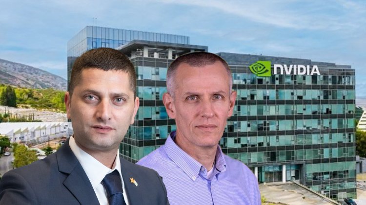 מנהל רמ"י ינקי קוינט וראש עיריית נשר רועי לוי, על רקע משרדי אנבידיה בישראל (לע"מ, מיכה בריקמן, ויקימדיה, באדיבות אנבידיה) 