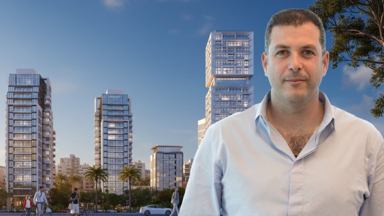 אלי גבאי, מבעלי קבוצת גבאי, על רקע הדמיה של הפרויקט (באדיבות קבוצת גבאי, טרהטקטורה) 