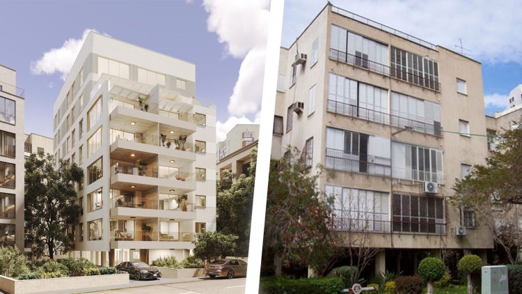 הבניין הישן ברחוב שרת 39 והדמיית הבניין החדש המתוכנן. הדמיה: באדיבות פרופדו 