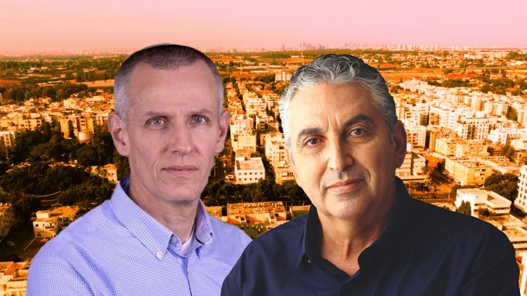 ראש עיריית רעננה חיים ברוידא ומנכ"ל רמ"י ינקי קוינט, על רקע העיר (רז רוגובסקי, לע"מ, שאטרסטוק)