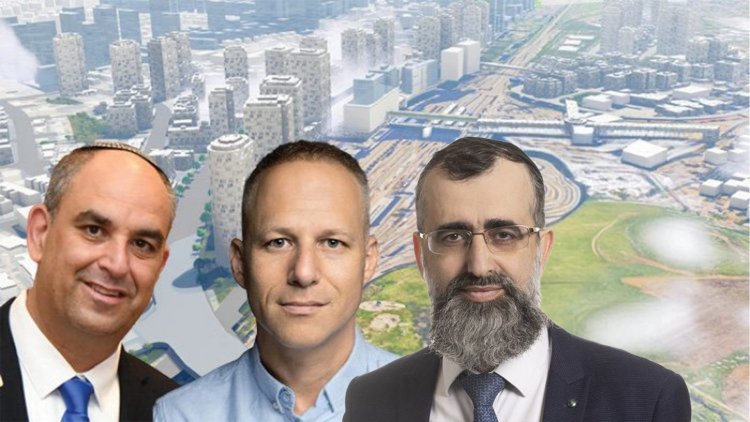 יו"ר מטה התכנון נתן אלנתן, שותף בקרן מרתון יובל גייער וראש עיריית לוד יאיר רביבו, על רקע הדמיית התוכנית בלוד (אביגיל מתתוב, רמי זרנגר, עמוס בן גרשום, ויקימדיה ארי כהן אדריכלים)