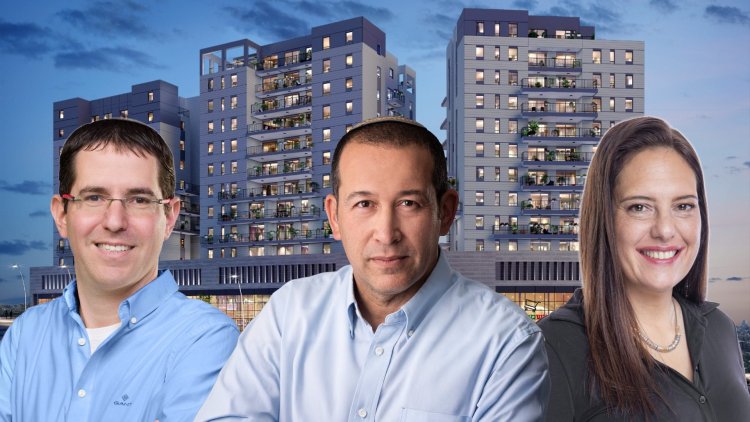 גלית וינדר טפר, יעקב ניצן ומשה הומינר, על רקע הדמיה של הפרויקט של בית ירושלמי (ענבל מרמרי, ראובן קפוצ'ינסקי, תומר שלום, טוטם הדמיות)