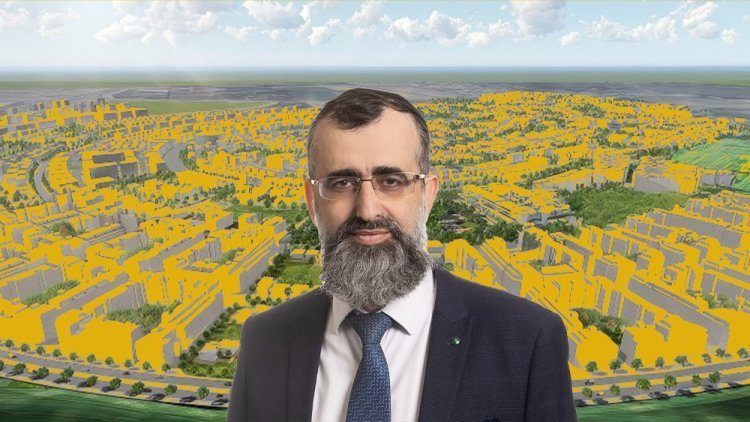 יו"ר מטה התכנון הלאומי ויו"ר הותמ"ל נתן אלנתן, על רקע הדמיית השכונה החדשה במבט על (ירז רוגובסקי, ער קורין - ניהול ותכנון)