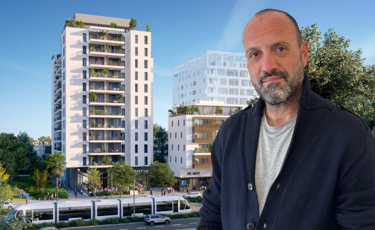 שחר פירסט, מנהל אגף פיתוח עסקי ותחום נדל״ן בהייטקזון, על רקע הדמיה של הפרויקט בשדרות ירושלים (יח"צ) 