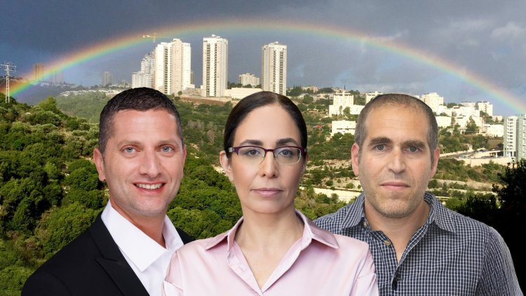מימין: מנהל מרחב חיפה ברמ"י, נחמיה ון דייק, יו"ר הוועדה המחוזית חיפה רותי שורץ, ראש עיריית נשר רועי לוי, על רקע העיר נשר(דוברות רמ"י, מנהל התכנון, מיכה בריקמן, אלכס רינגר, ויקימדיה)