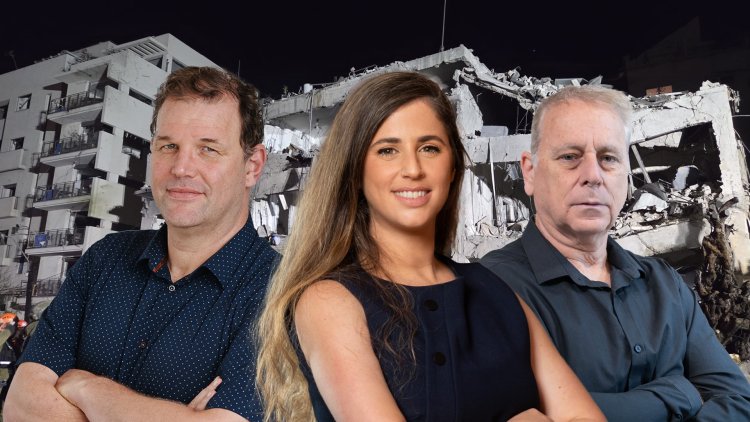 יו"ר התאחדות קבלני השיפוצים ערן סיב, עו"ד רננה גרינברג ועו"ד ברק קינן על רקע המבנה שנפגע אמש בתל אביב (איתמר סיידא, אייל טואג, סטודיו תומאס, כבאות והצלה ישראל)