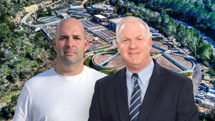 דני לקר ושחר גולדברג על רקע מט"ש שורק (רשות המים, כלבי אשמורת, חגי אגמון-שניר, ויקימדיה)