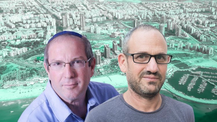 מנהל אגף התכנון ברשות להתחדשות עירונית גורי נדלר ויו"ר הוועדה המחוזית דרום עודד פלוס על רקע אשדוד (רועי טפר, נבו 12)