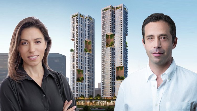 ראם רצון, מנכ"ל אב-גד, ורונית אשד לוי, מנכ"לית אפריקה התחדשות עירונית, על רקע הדמיה של הפרויקט (באדיבות אב-גד, ענבל מרמרי, זיית לב אדריכלים)