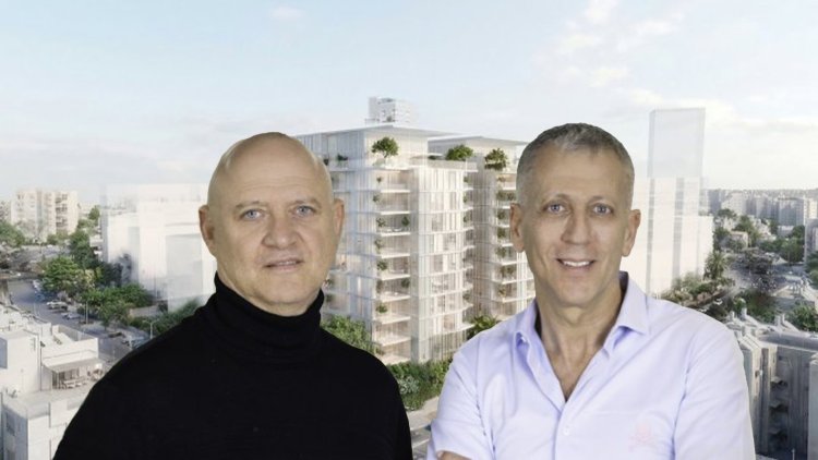 דידי ידידיה ואבי טוריסקי, בעלי השליטה ברותם שני, על רקע הדמיה של הפרויקט (רותם שני, משה צור אדריכלים)