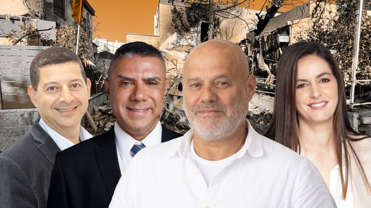 מימין: חנה שוורץ סמנכ"לית אבני דרך, עופר זרף יו"ר יסודות איתנים, עו"ד אושרי שלוש וניזאר ג'ברין על רקע זירת נפילה בנהריה (רמי זרנגר, אופיר אברהמוב, מיכה בריקמן, א. ג'ברין, ervin herman / Shutterstock.com)