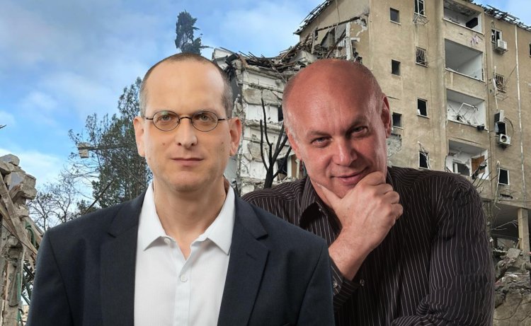 מימין: ישראל דוד ונעם רביב, על רקע זירת נפילה (צילומים: יח"צ, גזית גלוב, נעם רביב) 