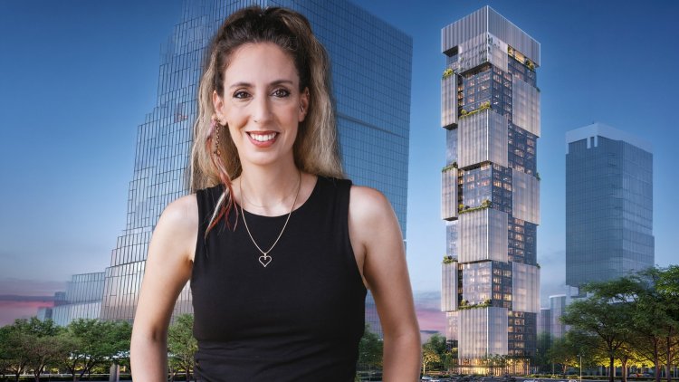 הילה שני, סמנכ"לית אשראי בארכימדס מימון נדל"ן על רקע הדמיה של פרויקט תדהר בבורסה בר"ג (הגר בדר, 3DVISION)