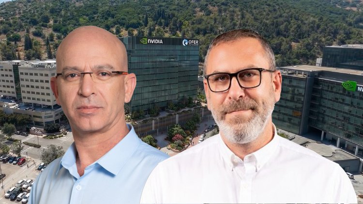 סאמר כרדוש ועמי חיות, על רקע הדמיה של הפרויקט ביקנעם (סטודיו פלורין, רמי זרנגר, טריפל די) 