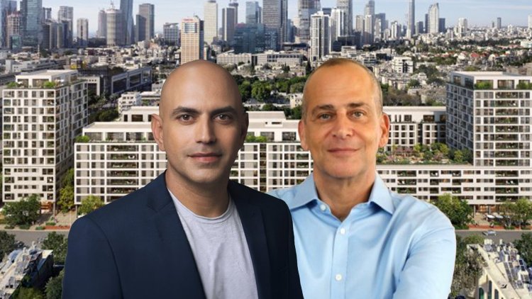 אלי כהן מנכ"ל מנרב, ורון חן מנכ"ל אנשי העיר, על רקע הדמיה של הפרויקט בלה גוארדיה (חן גלילי, טל גבעוני, Atchain)
