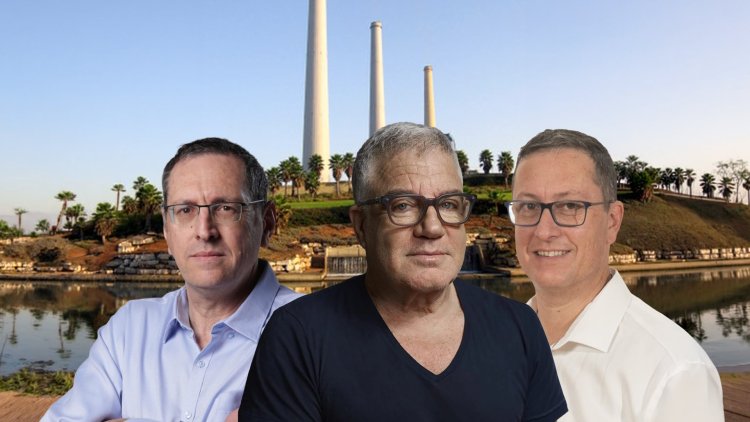 אסף ענבר, עידן עופר ועמית בירמן, על רקע תחנת הכח בחדרה (משה עמית, עומר סומך, Jonathan Glynn Smith, שומבלע, ויקימדיה) 