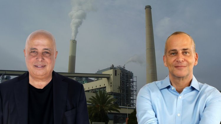 מנכ"ל מנרב אלי כהן ועמוס לוזון על רקע תחנת הכוח הקיימת באשקלון (חן גלילי, מזרחי טפחות, אבישי טייכר, ויקימדיה)