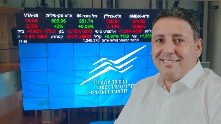 צחי אבו על רקע הבורסה בת"א (יובל אליאס, דוד שי, ויקימדיה)