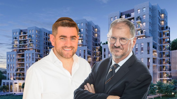 שרון תוסיה כהן על רקע הדמיית הפרויקט של רנט איט ובית ירושלמי (רן צרפתי, מיכל קושרוב, יניב כהן)