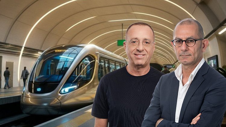 יוסי אלמלם וגיל גבע על רקע הדמיית תחנת מטרו (דוד מוסקוביץ, רונן אקרמן, נת"ע)