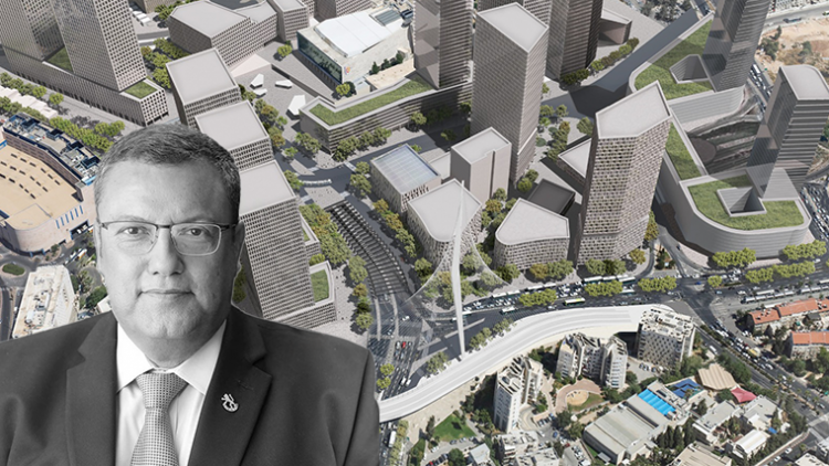 ראש העיר משה ליאון על רקע הדמיית פרויקט שער העיר בירושלים (יח"צ)