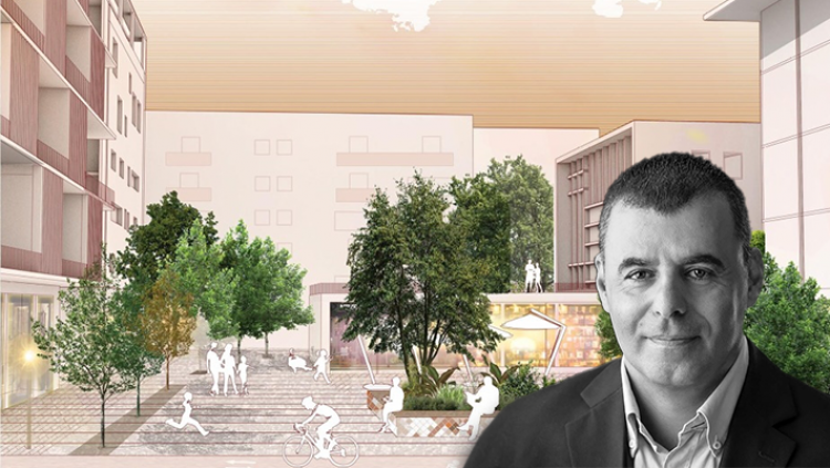 ראש עיריית כפ"ס, רפי סער, על רקע הדמיית מתחם סוקולוב (דרמן ורבקל אדריכלות)