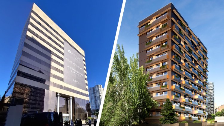  מבנה משרדים ותיק יהפוך לבניין מגורים. מגדל נורת' טאוור, לפני ואחרי. הדמיה: ארגיס, צילום: מרכז הנדל"ן