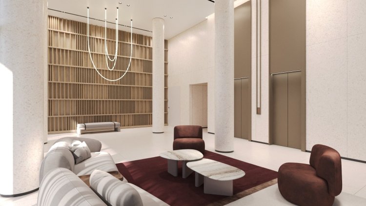 לובי בפרויקט של בית וגג וטופ מרחבי השרון בגבעת שמואל בעיצוב לילך נקל (סטודיו מעיין גולן)