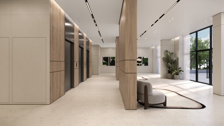 לובי של דוניץ אלעד בשכונת קריית האמנים בעיצוב לילך נקל (סטודיו מעיין גולן)